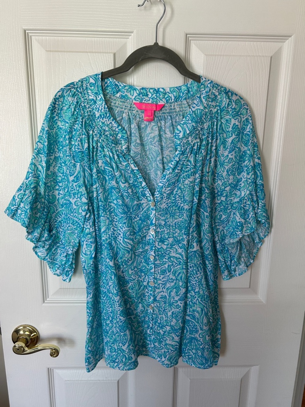 Lilly Pulitzer Turquoise & White Paisley Button-Front Flutter Sleeve Blouse